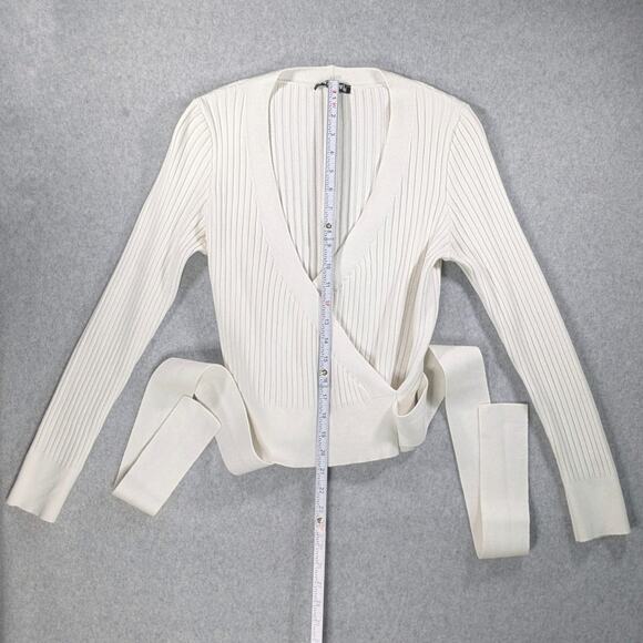BTFBM Wrap V-Neck Cropped Sweater White Ribbed Knit Long Sleeve Women’s L - Picture 9 of 16